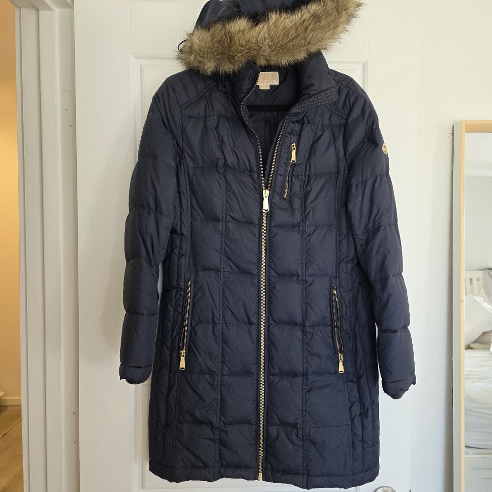 Michael Kors Women's Faux Fur Trim Hooded Quilted Down Puffer Coat Navy Blue